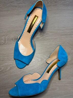 Rupert Sanderson London Blue Suede d'Orsay Scalloped Pump Heel | 39 EU